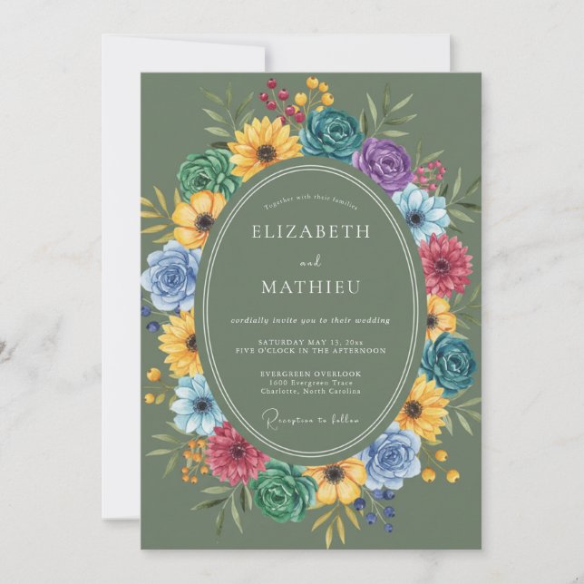 Invitación Boda de flores silvestres vibrantes de oliva (Anverso)