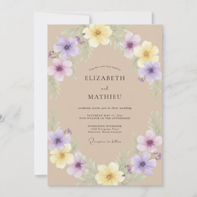 Invitación Boda de flores silvestres Violeta de Arena (Anverso)