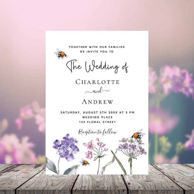 Invitación Boda de flores silvestres violeta de la abeja rosa (Subido por el creador)