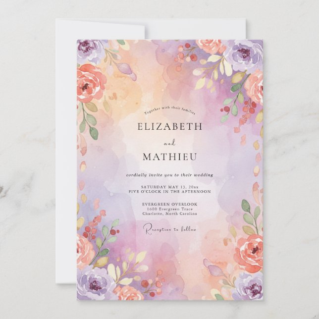 Invitación Boda de flores silvestres violetas de coral (Anverso)