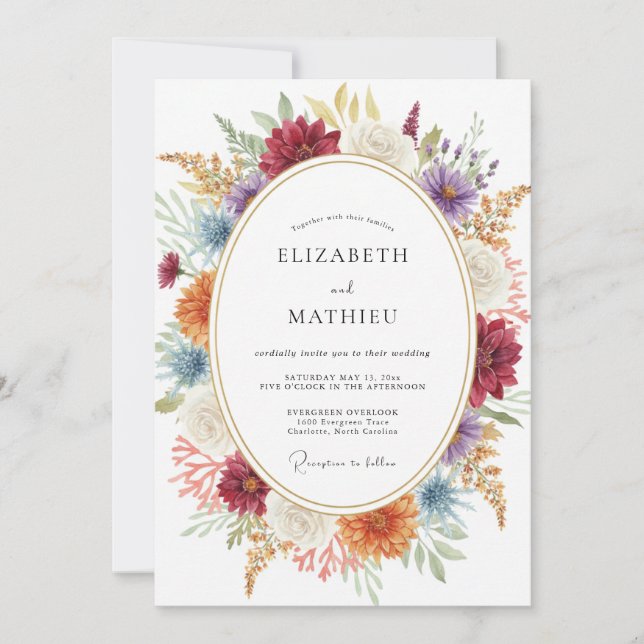 Invitación Boda de flores silvestres violetas de terracota (Anverso)