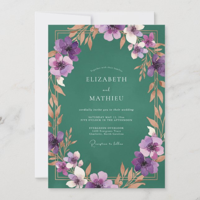 Invitación Boda de flores silvestres violetas de tono joya (Anverso)