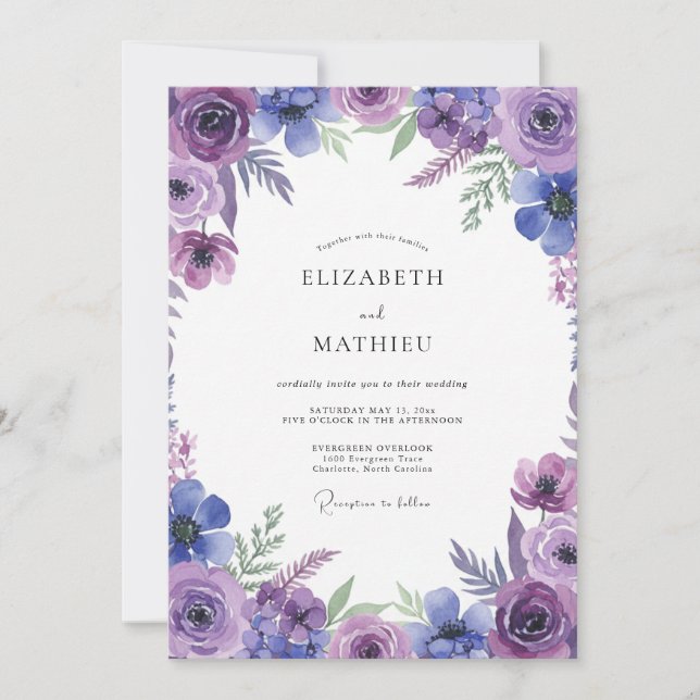 Invitación Boda de flores silvestres violetas índigo (Anverso)