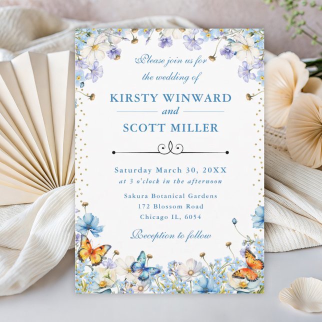 Invitación Boda de flores silvestres y mariposas azules blanc (Subido por el creador)