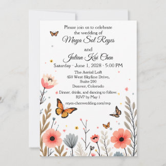 Invitación Boda de flores silvestres y mariposas elegantes 