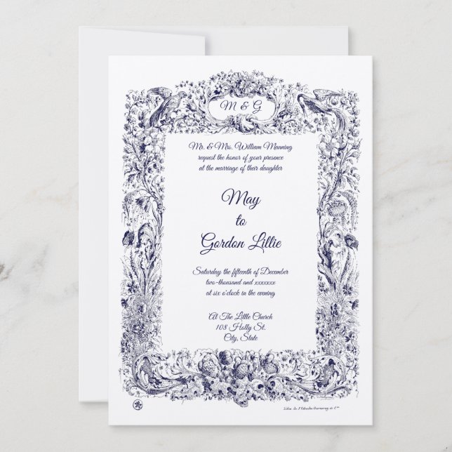 Invitación Boda de Flores Silvestres y Pájaros y Mariposas (Anverso)