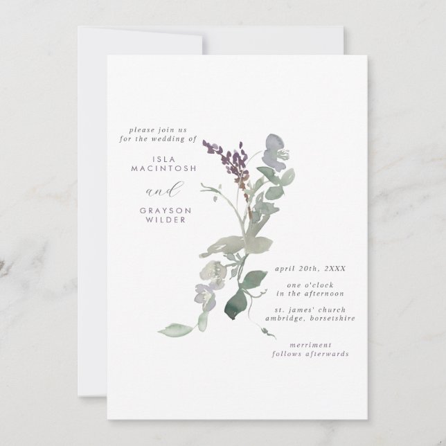 Invitación Boda de flores silvestres y vegetación de lavanda  (Anverso)