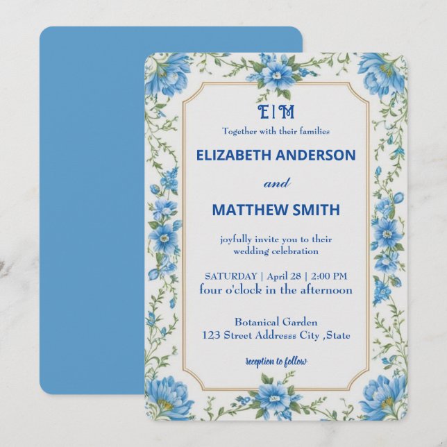 Invitación Boda de Flores Sobrepuestas en Azul y Blanco Moder (Anverso / Reverso)