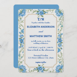 Invitación Boda de Flores Sobrepuestas en Azul y Blanco Moder
