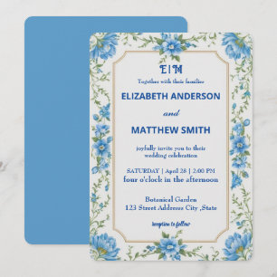 Invitación Boda de Flores Sobrepuestas en Azul y Blanco Moder