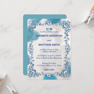 Invitación Boda de Flores Sobrepuestas en Azul y Blanco Moder