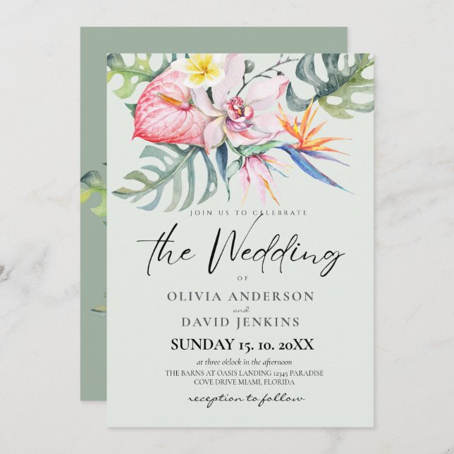 Invitación Boda de Flores Tropicales (Anverso / Reverso)