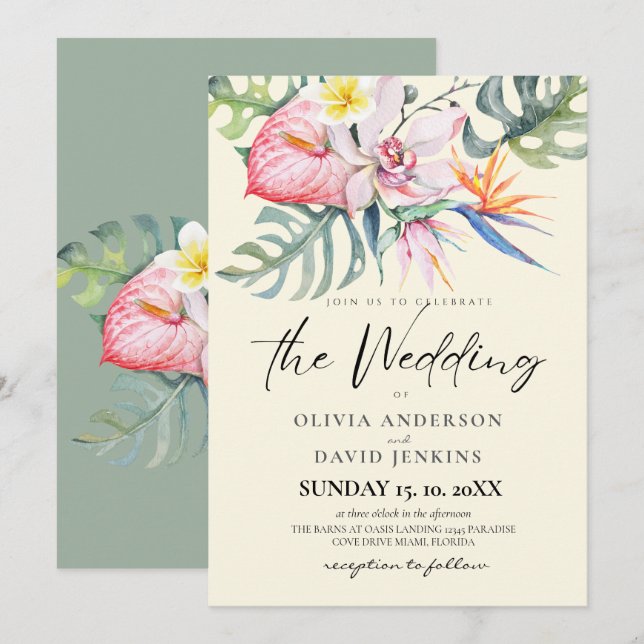 Invitación Boda de flores tropicales acuarelas (Anverso / Reverso)