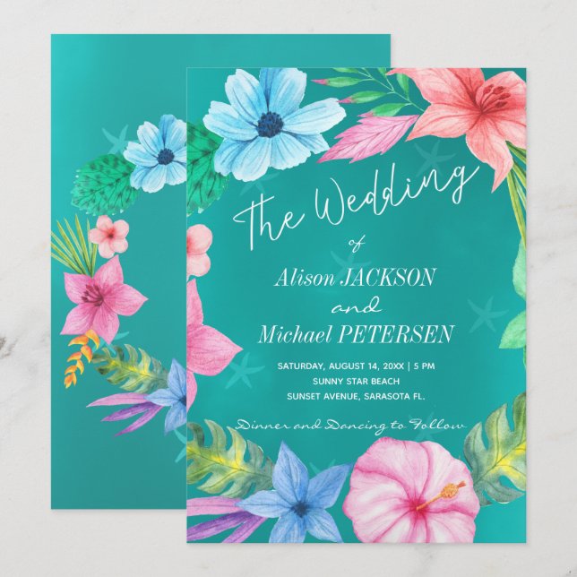 Invitación Boda de flores tropicales de agua de playa (Anverso / Reverso)
