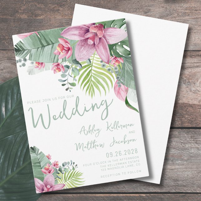 Invitación Boda de Flores Tropicales de Agua Verde (Watercolor Greenery Tropical Flowers Wedding Invitation)