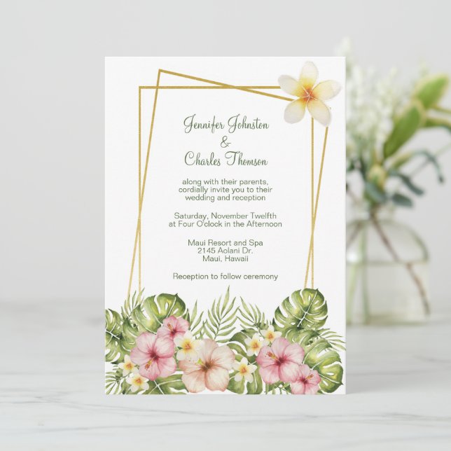 Invitación Boda de Flores Tropicales de Hawái (Anverso de pie)