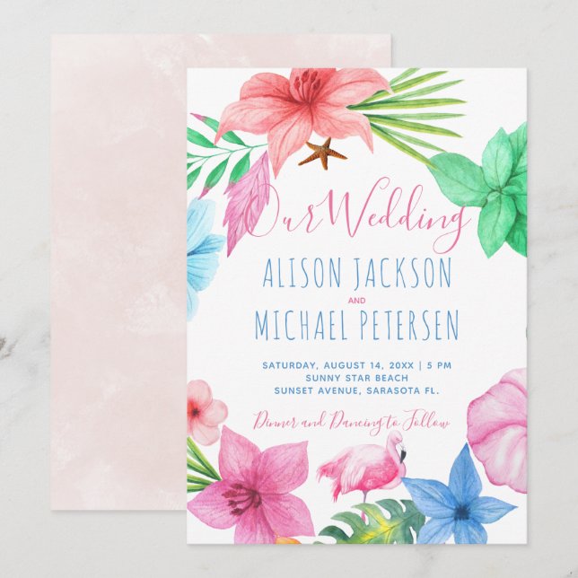 Invitación Boda de flores tropicales de la playa de Hawái (Anverso / Reverso)