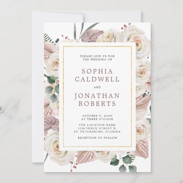 Invitación Boda de Flores Tropicales de las Rosas Blancas (Anverso)