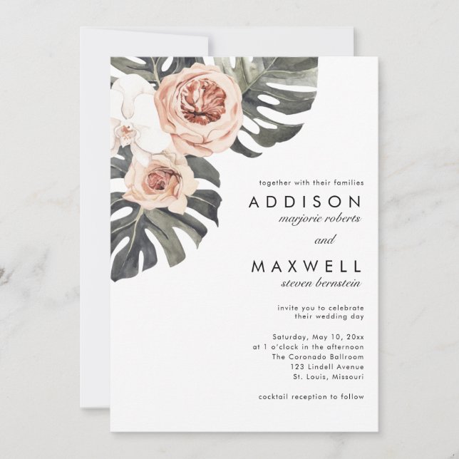 Invitación Boda de Flores Tropicales de Monstera (Anverso)