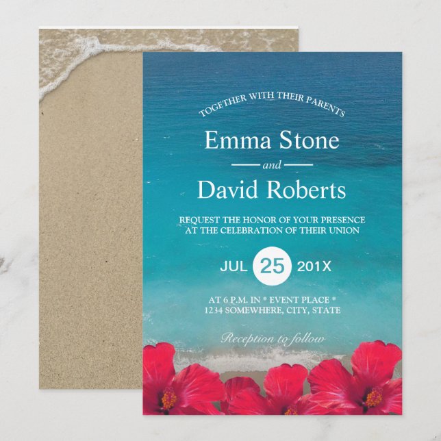 Invitación Boda de Flores Tropicales Elegantes de la Playa de (Anverso / Reverso)