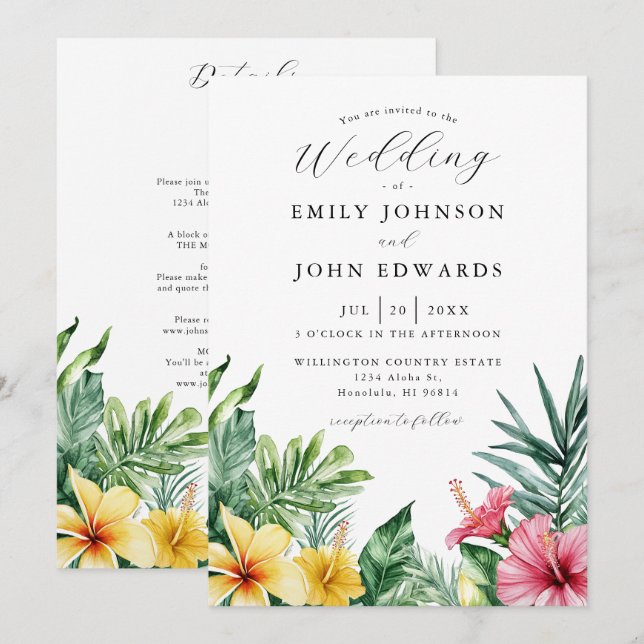 Invitación Boda de flores tropicales en acuarela todo en uno (Anverso / Reverso)