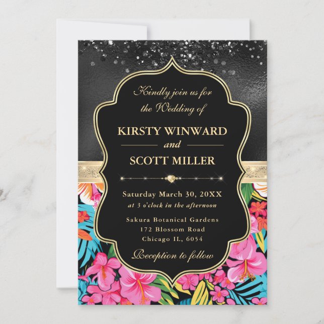 Invitación Boda de flores tropicales preppy de oro negro (Anverso)