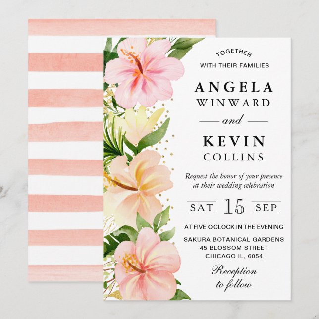 Invitación Boda de Flores Tropicales Rosadas Acuarela (Anverso / Reverso)