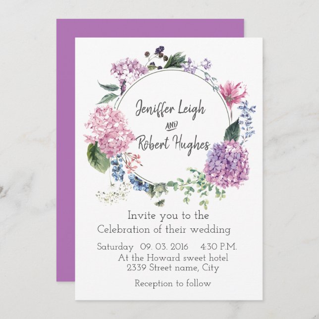 Invitación Boda de flores ultravioleta de Hydrangea (Anverso / Reverso)