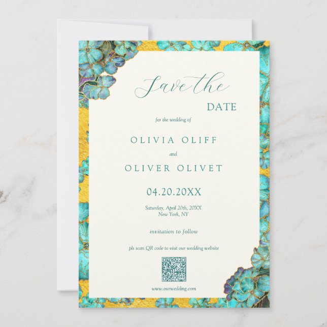 Invitación Boda de flores verde azuladas Guardar el código QR (Anverso)