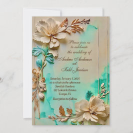 Invitación boda de flores verde azuladas y beige