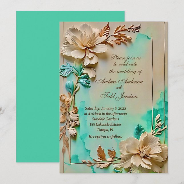 Invitación boda de flores verde azuladas y beige (Anverso / Reverso)