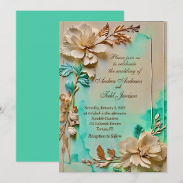 Invitación boda de flores verde azuladas y beige