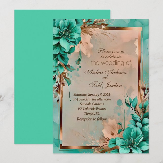Invitación boda de flores verde azuladas y de cobre (Anverso / Reverso)