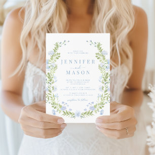 Invitación Boda de flores verdes corona de primavera azul