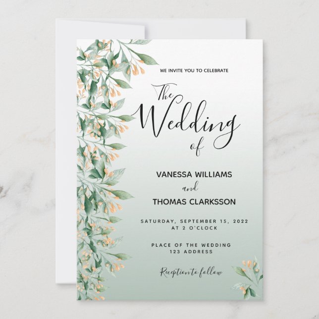 Invitación Boda de flores verdes de sabio (Anverso)