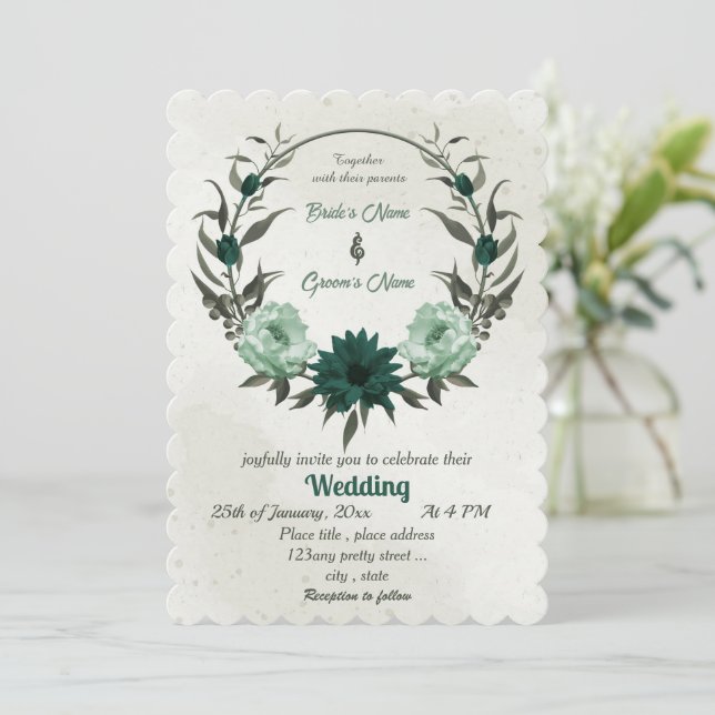 Invitación boda de flores verdes esmeraldas (Anverso de pie)