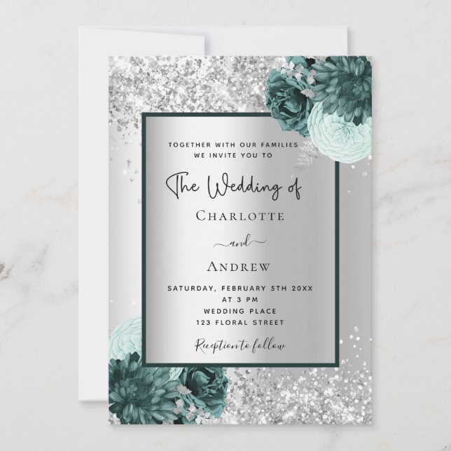 Invitación Boda de flores verdes plateadas (Anverso)