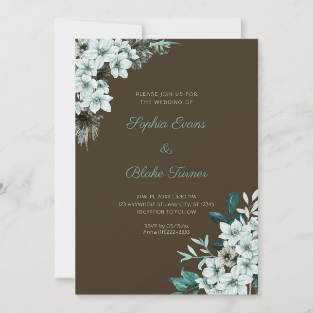 Invitación Boda de flores verdes rústicas boho madera marrón (Anverso)