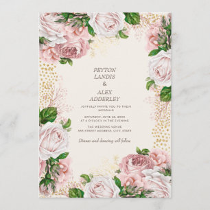 Invitación Boda de flores vintage en rosa sonrosado con brill