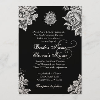 Invitación Boda de Flores Vintage plateadas y negras