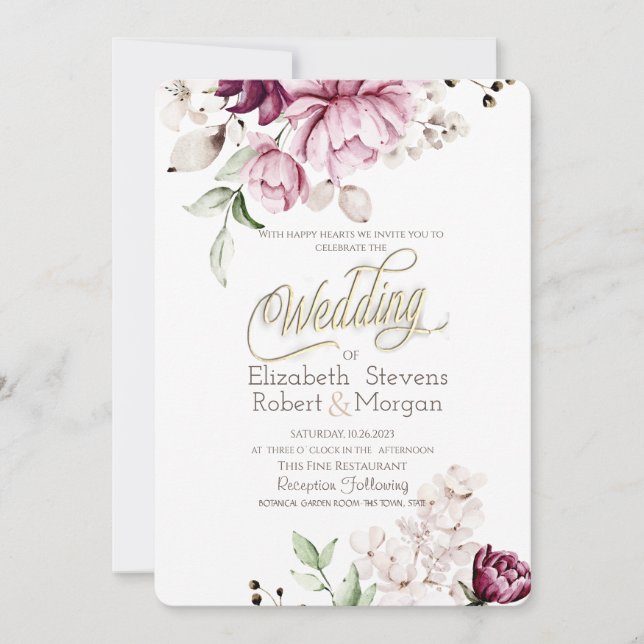 Invitación Boda de flores violetas de Moda de acuarela (Anverso)