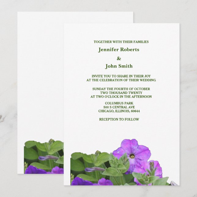 Invitación Boda de Flores Violetas Verdes Moradas Florales Sa (Anverso / Reverso)