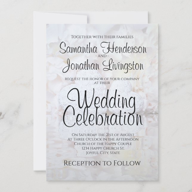 Invitación Boda de flores y corazón de peones reflectantes bl (Anverso)