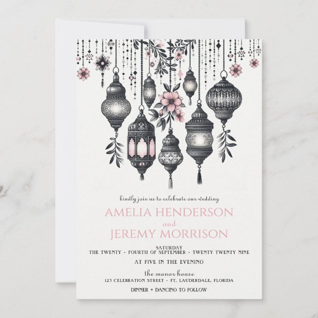 Invitación Boda de Flores y Farolitos Rosados (Anverso)