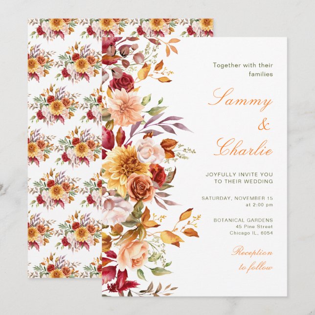Invitación Boda de flores y follaje de otoño (Anverso / Reverso)