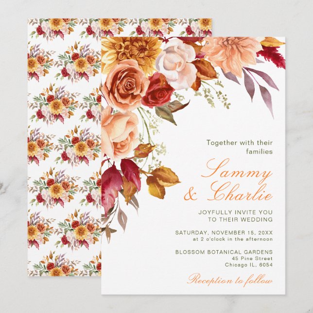 Invitación Boda de flores y follaje de otoño (Anverso / Reverso)