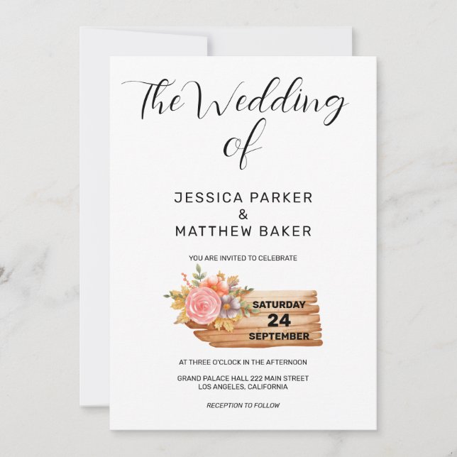 Invitación Boda de Flores y Madera de Otoño (Anverso)