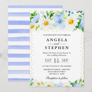 Invitación Boda de Flores y Margaritas en Acuarela Azul