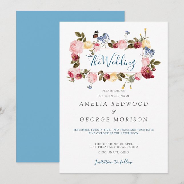 Invitación Boda De Flores Y Mariposa Coloridas (Anverso / Reverso)