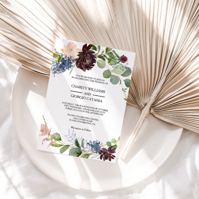 Invitación Boda de flores y vegetación de Borgoña (Subido por el creador)